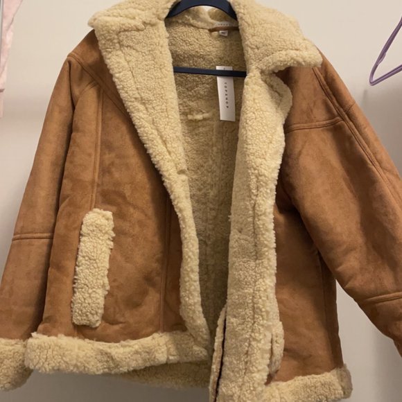 Topshop faux shearling car coat in brown and creme - Picture 1 of 3